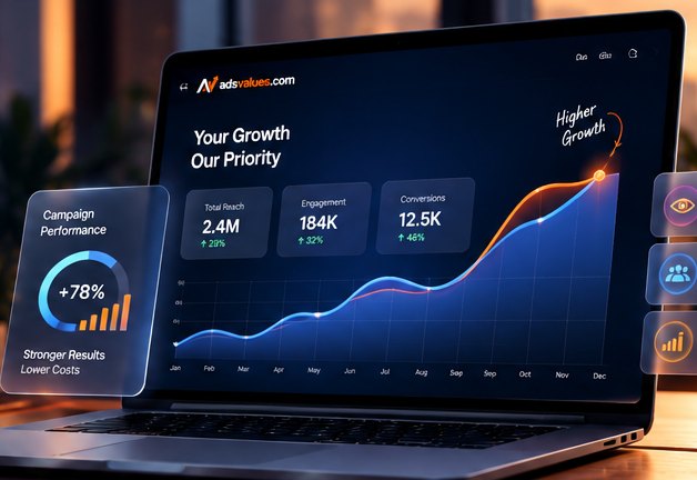AdsValues campaign dashboard showing reach, engagement and conversions